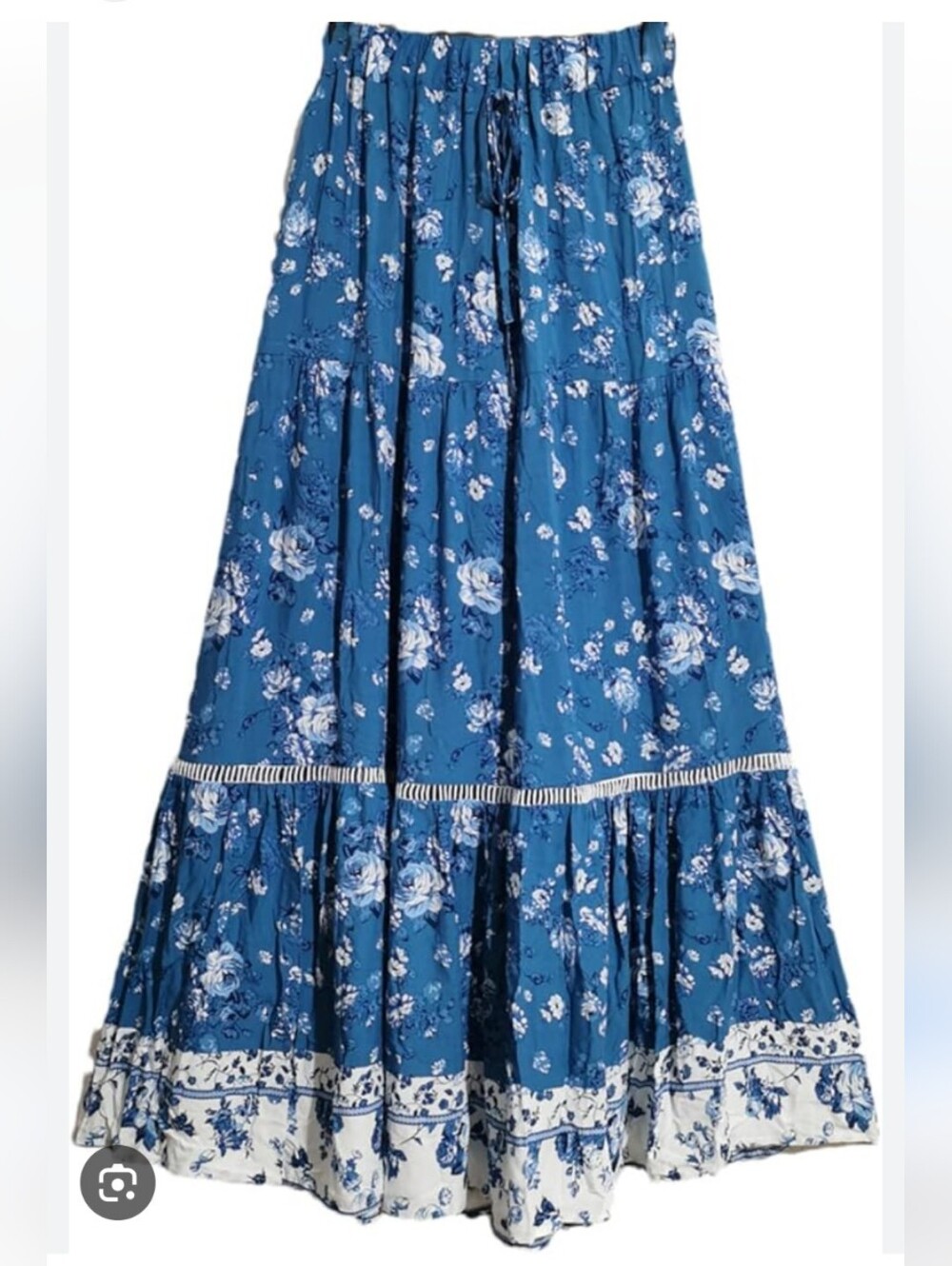NWT Simplee Blue Floral Tiered Maxi Skirt With Lattice Trim Size Large Fits M